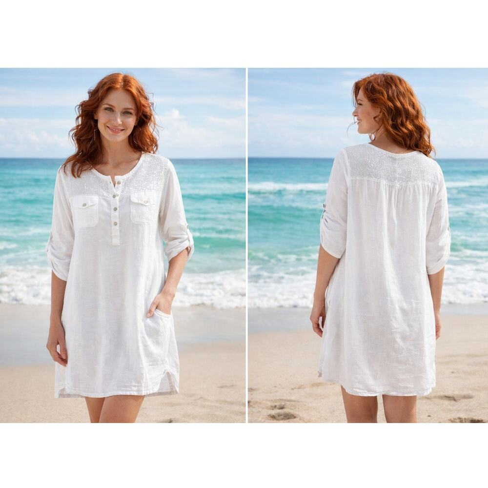 Italian Linen Sequin Tunic Dress White Boho Beach Cover Up Resort Wear Large